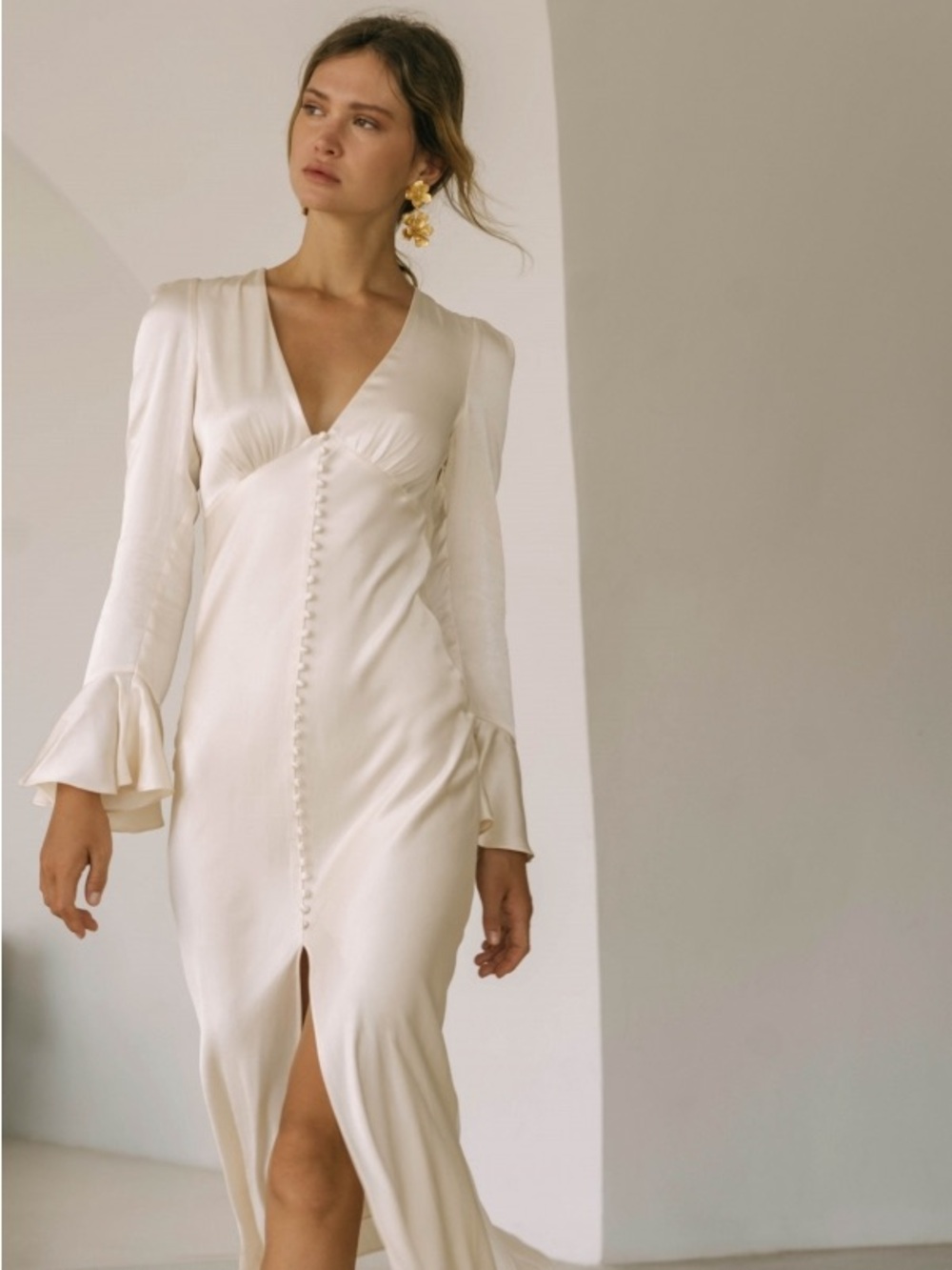 Shona Joy La Lune Frill Cuff Bias Midi Dress - Cream